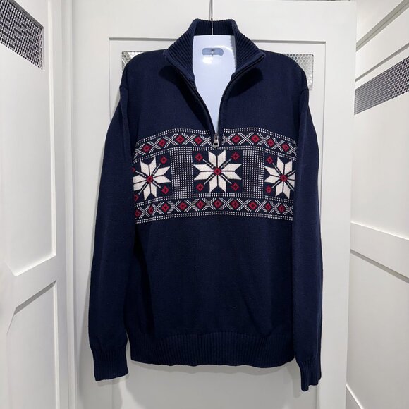 2000's Navy Blue Red White Snowflake Sweater Zipper 100% Cotton Natural Fibers - Picture 3 of 8